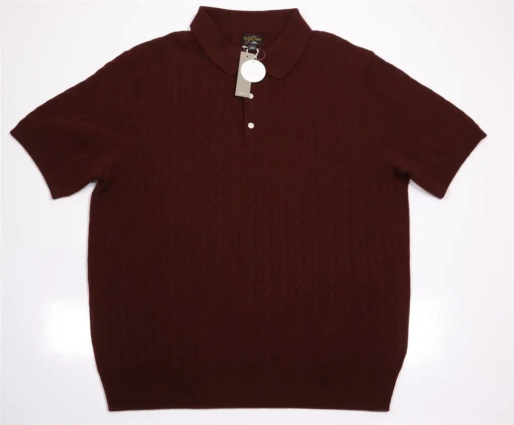 J Crew Mens Burgundy Short Sleeve 100% Cashmere Cable Knit Polo Sweater Large